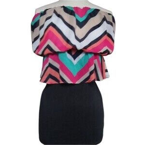 Chiffon Dress Cropped Bright Colored Patterned Mini Dress Chevrons Pull On